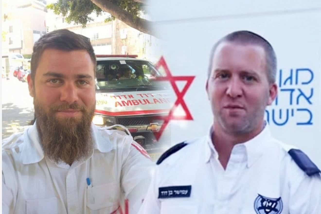 Master Sgt. (res.) Nitai Meisels (left) and Maj. (res.) Amishar Ben David. Both men began volunteering for Magen David Adom at age 16, and both died in the Gaza Strip during the current war against Hamas. Credit: Courtesy.