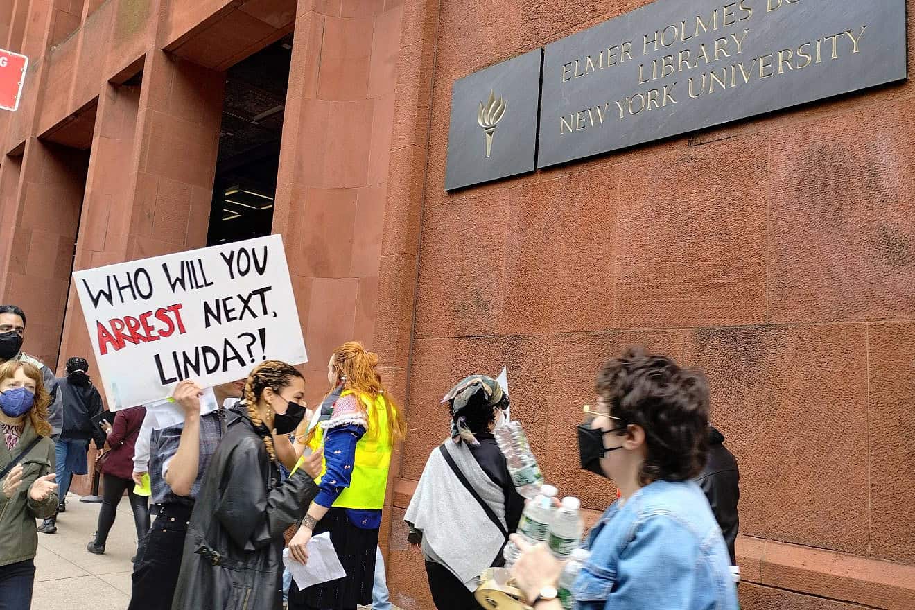 An anti-Israel protest at New York University (the sign refers to NYU president Linda Mills) on May 3, 2024. Photo by Carin M. Smilk.
