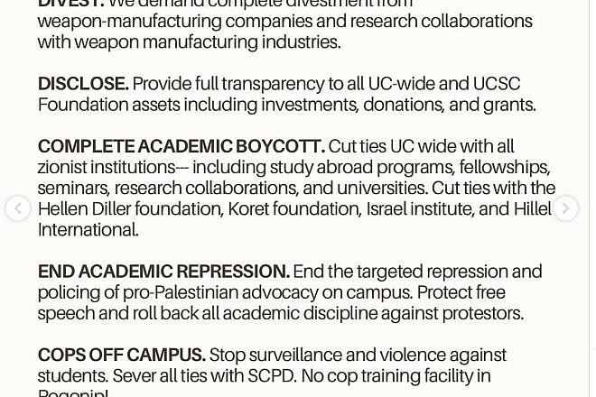 Screen capture of demands of the Students for Justice in Palestine chapter at University of California, Santa Cruz. Source: Instagram.