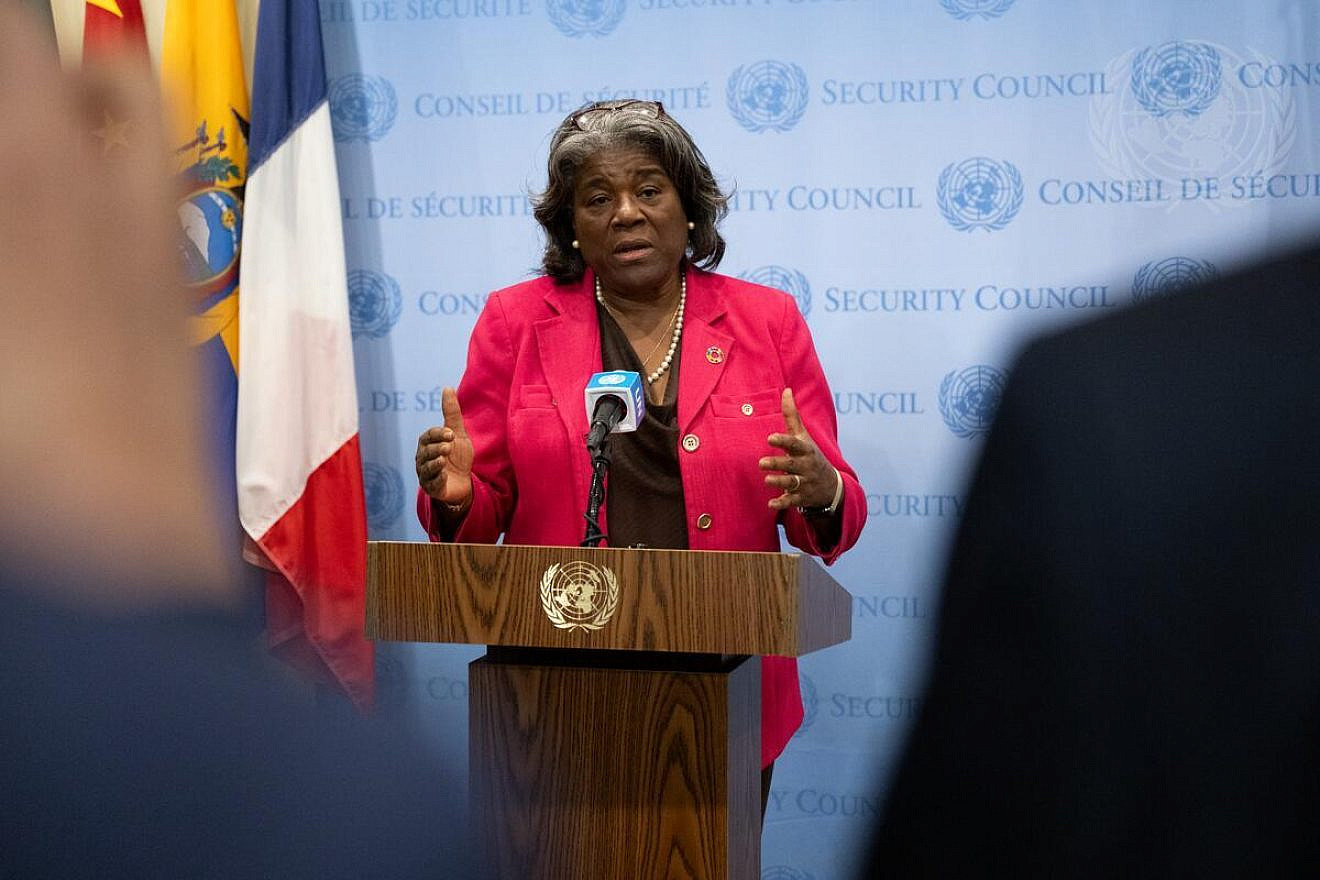 Linda Thomas-Greenfield, U.S. ambassador to the United Nations, briefs reporters on the situation in the Gaza Strip on Feb. 2, 2024. Credit: Manuel Elías/U.N. Photo.