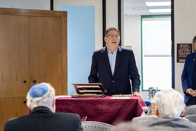 Dr. Jeffery Herbst, American Jewish University’s Ziegler School of Rabbinic Studies, speaking at the dedication ceremony and mezuzah-hanging of its new campus in Los Angeles, May 7, 2024. Credit: Jodye Alcon Photography/American Jewish University.