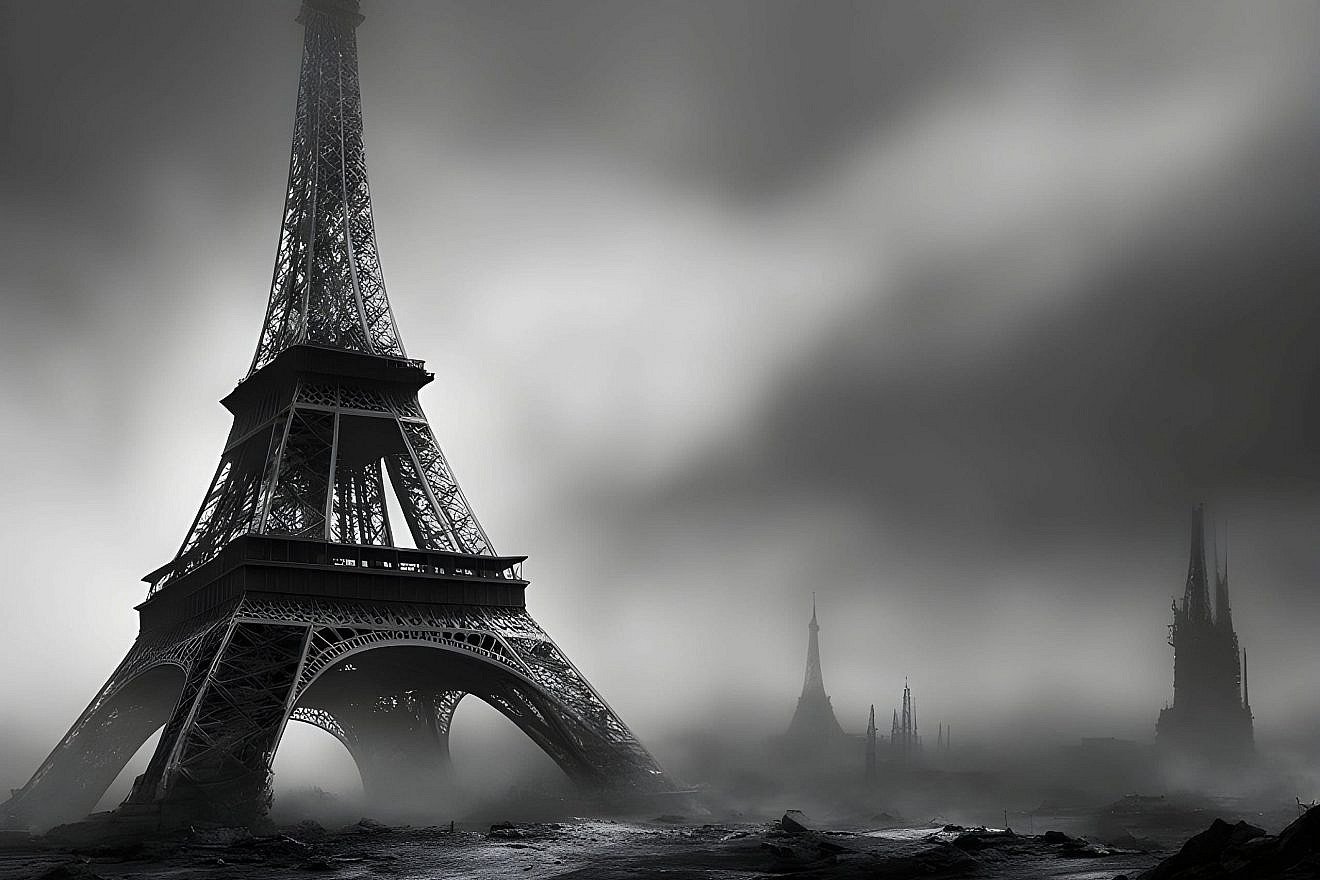 An illustrative image of the Eiffel Tower against a dystopian landscape. Source: DeepAI.