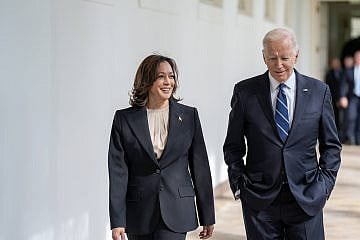 U.S. President Joe Biden and Vice President Kamala Harris walk along the Colonnade of the White House, Oct. 10, 2023, to the Oval Office. Credit: Adam Schultz/White House.