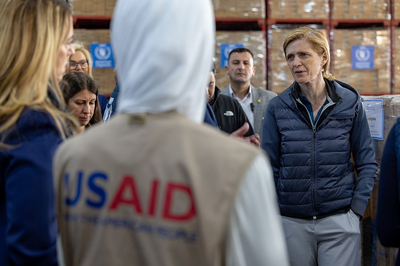 Samantha Power, the USAID administrator, at a World Food Program warehouse in Amman, Jordan, being used to prepare aid for shipment to Gaza on Feb. 26, 2024. Credit: USAID.