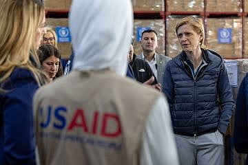 Samantha Power, the USAID administrator, at a World Food Program warehouse in Amman, Jordan, being used to prepare aid for shipment to Gaza on Feb. 26, 2024. Credit: USAID.