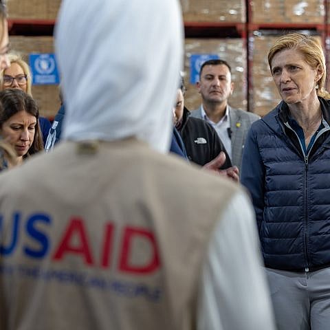 Samantha Power, the USAID administrator, at a World Food Program warehouse in Amman, Jordan, being used to prepare aid for shipment to Gaza on Feb. 26, 2024. Credit: USAID.