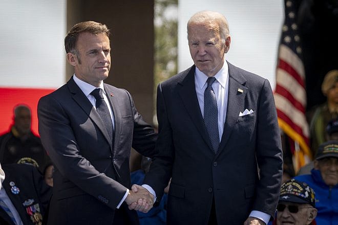 U.S. President Joe Biden and French President Emmanuel Macron at the 80th Anniversary of D-Day ceremony at the Normandy American Cemetery in Normandy, France, June 6, 2024. Credit: Benjamin Applebaum/U.S. Department of Defense.