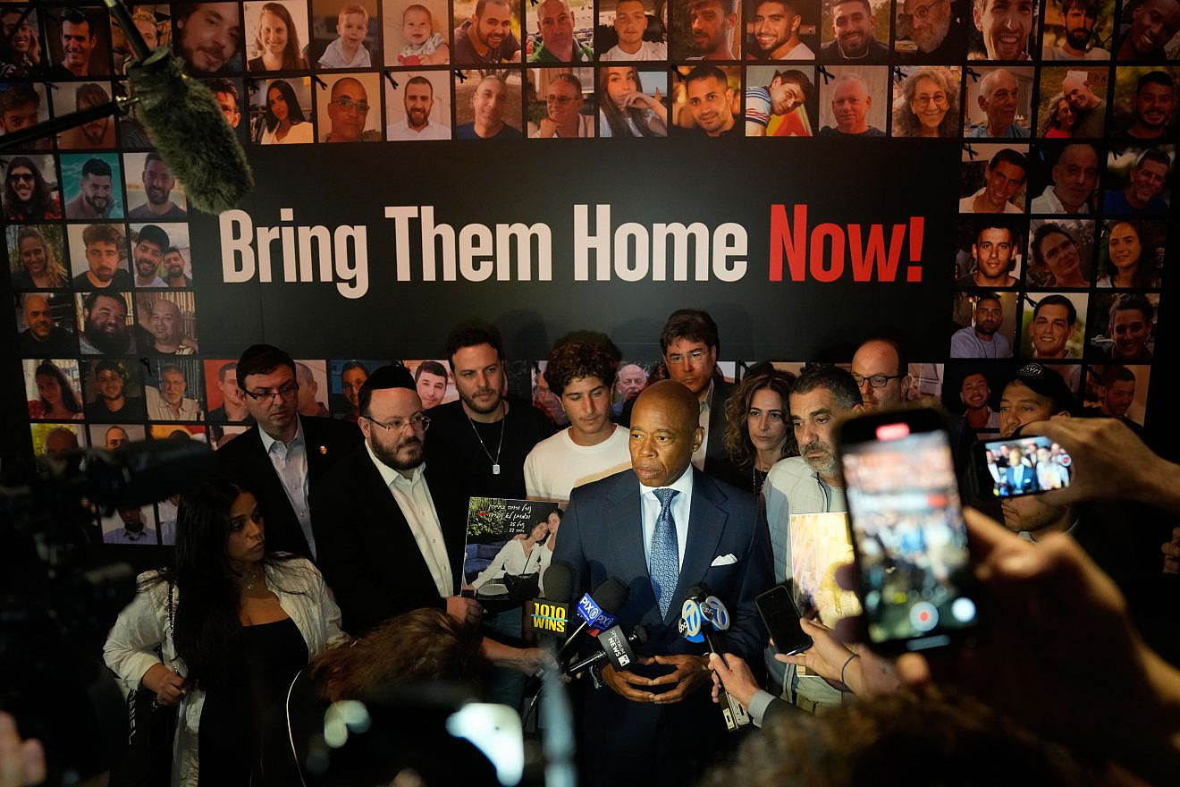New York City Mayor Eric Adams visits the exhibit commemorating the hundreds of innocent people massacred at the Nova Music Festival on Oct. 7 in Israel. Credit: Michael Appleton/Mayoral Photography Office.