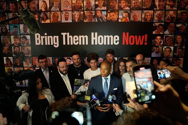 New York City Mayor Eric Adams visits the exhibit commemorating the hundreds of innocent people massacred at the Nova Music Festival on Oct. 7 in Israel. Credit: Michael Appleton/Mayoral Photography Office.