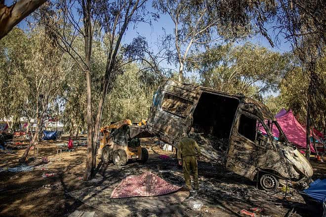 View of a burnt ambulance near the site of the Nova festival massacre in southern Israel, Oct. 12, 2023. Photo by Chaim Goldberg/Flash90.