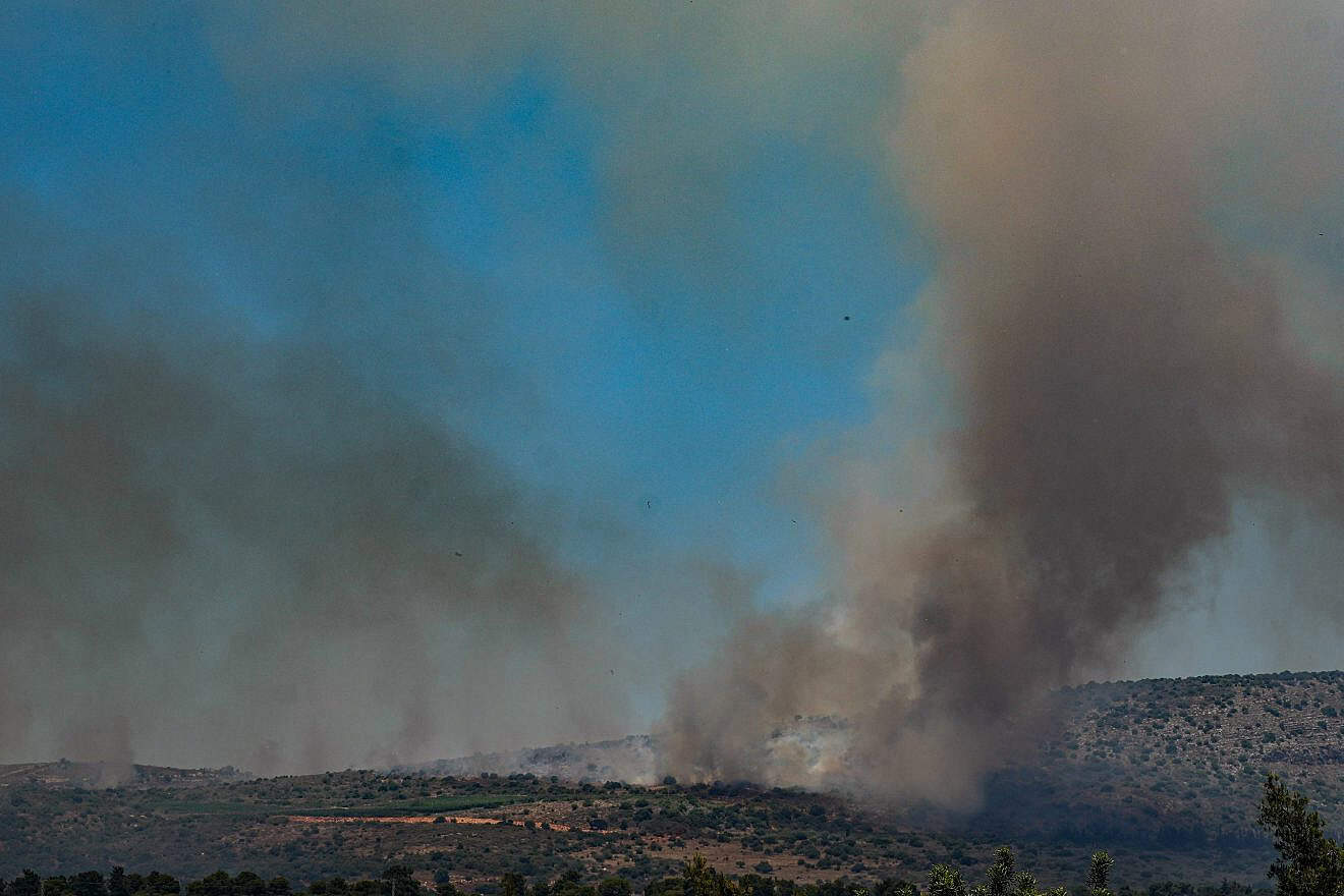 View of a large fire caused by rockets fired from Lebanon, near Ramot Naftali, in the Upper Galilee near the Israeli border with Lebanon, June 1, 2024. Credit: Ayal Margolin/Flash90.