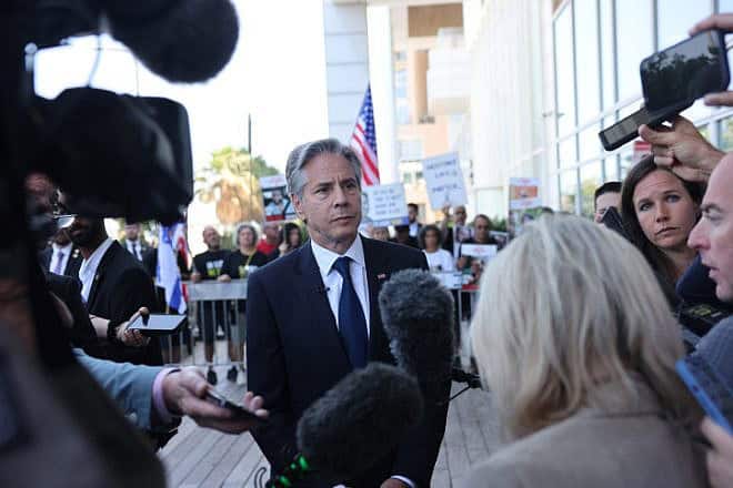 U.S. Secretary of State Antony Blinken meets with families of Israelis held by Hamas in Gaza, in Tel Aviv on June 11, 2024. Photo by Tomer Appelbaum/POOL.