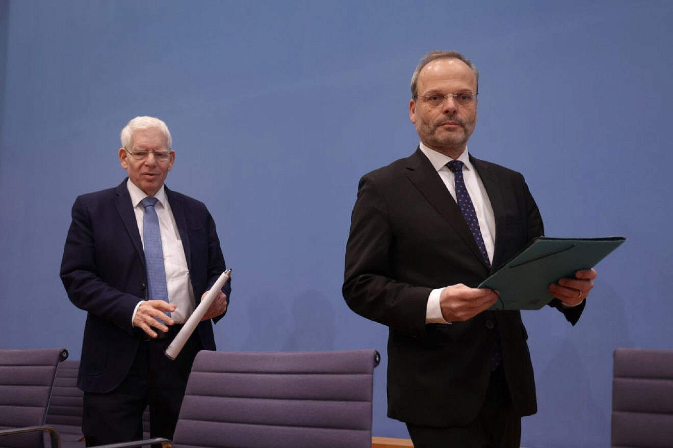 Felix Klein (right), Germany's federal antisemitism commissioner, and Joseph Schuster, president of the country's Central Council of Jews, arrive to speak to the media in Berlin about the rise of antisemitism in Germany since Oct. 7, Jan. 25, 2024. Photo by Sean Gallup/Getty Images.