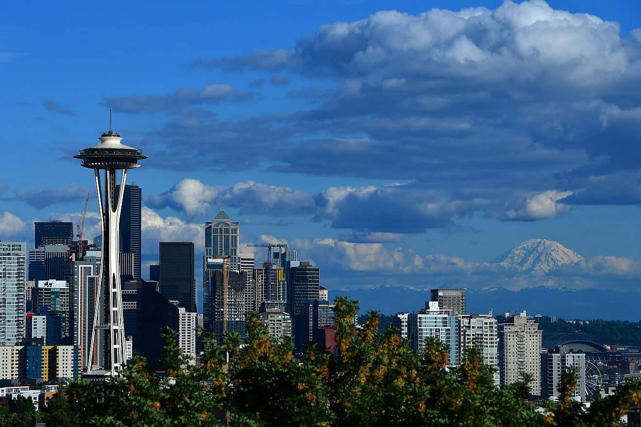 A general view of the Seattle Space Needle and downtown skyline with Mount Rainier in the background, June 8, 2019. Photo by Donald Miralle/Getty Images.
