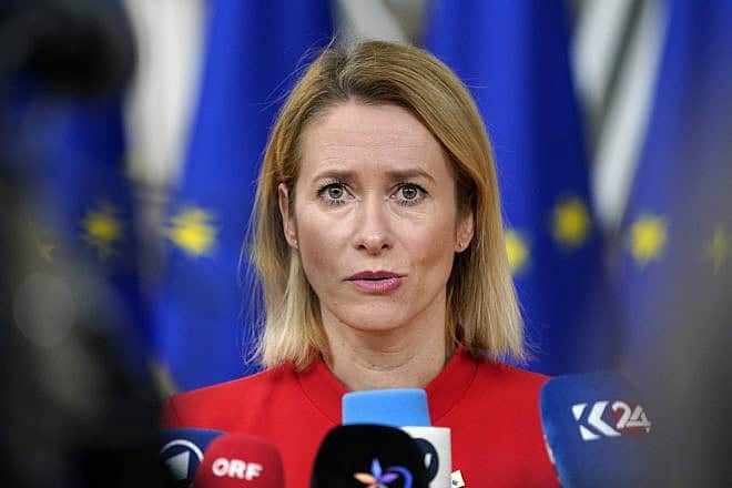 Estonian Prime Minister Kaja Kallas addresses reporters at press corner of E.U. Leaders Summit in Brussels, Belgium, on Oct. 27, 2023. Photo by Pier Marco Tacca via Getty Images.