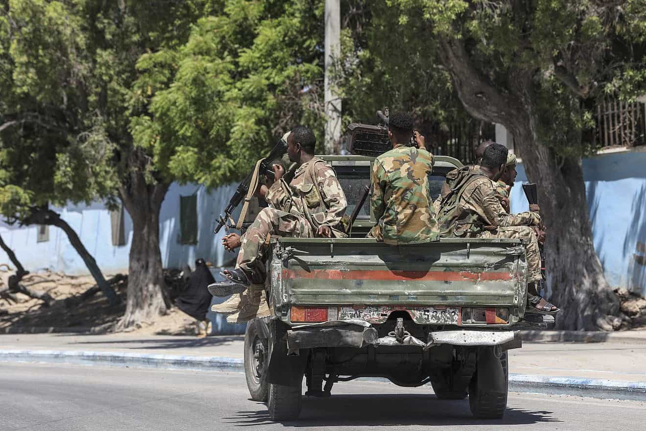Somalian soldiers near a hotel in Mogadishu on March 15, 2024. Photo by Hassan Ali Elmi/AFP via Getty Images.