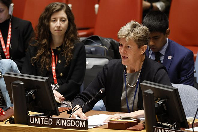 Barbara Woodward, U.K. Ambassador to the United Nations, speaks during a U.N. Security Council meeting on the war in Gaza at U.N. headquarters in New York, May 13, 2024. Photo by Michael M. Santiago/Getty Images.