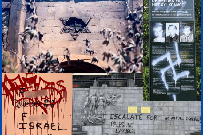 A synagogue was damaged by Islamic terrorists in Russia, a plaque and memorial honoring non-Jewish resistance fighters who saved Jews during the Holocaust was vandalized in Belgium, and a Holocaust museum sign was defaced in Montreal in the spring of 2024. Credit: Courtesy.