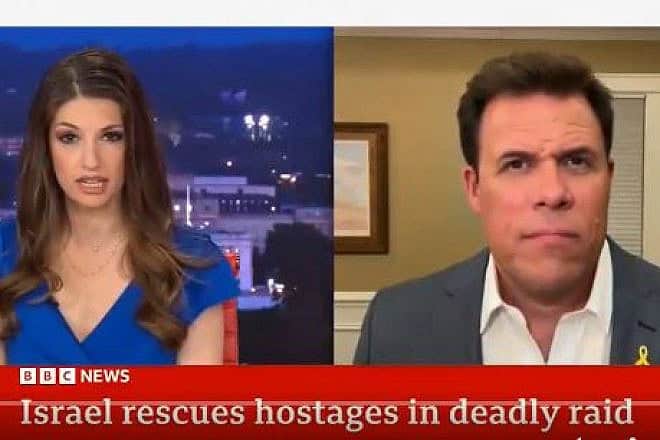 "BBC" news anchor Helena Humphrey interviews former IDF spokesman Jonathan Conricus, June 9, 2024. Source: X.