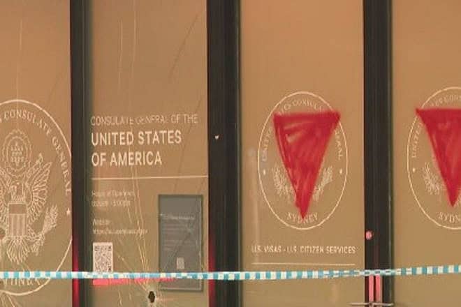 Pro-Hamas graffiti on the doors of the U.S. consulate in Sydney, Australia, June 9, 2024. Source: Screenshot.