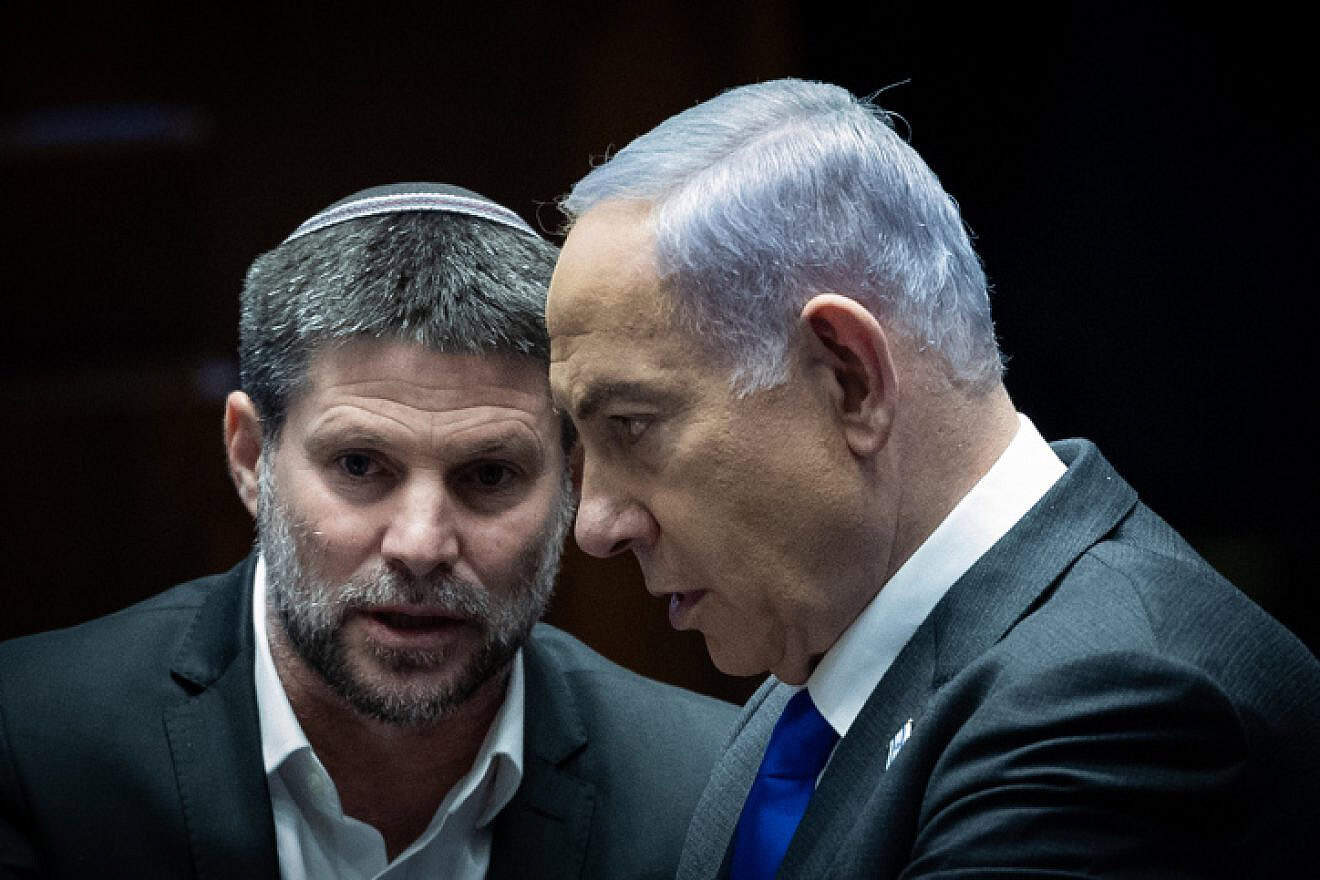 Israeli Prime Minister Benjamin Netanyahu and Israeli Finance Minister Bezalel Smotrich attend a debate on the state budget at the Knesset in Jerusalem, Feb. 7, 2024. Photo by Yonatan Sindel/Flash90.
