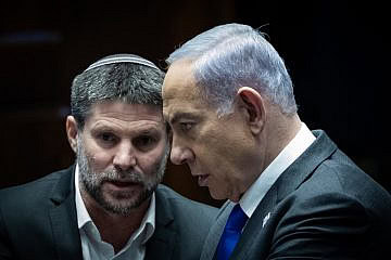 Prime Minister Benjamin Netanyahu and Finance Minister Bezalel Smotrich attend a debate on the state budget at the Knesset in Jerusalem, Feb. 7, 2024. Photo by Yonatan Sindel/Flash90.