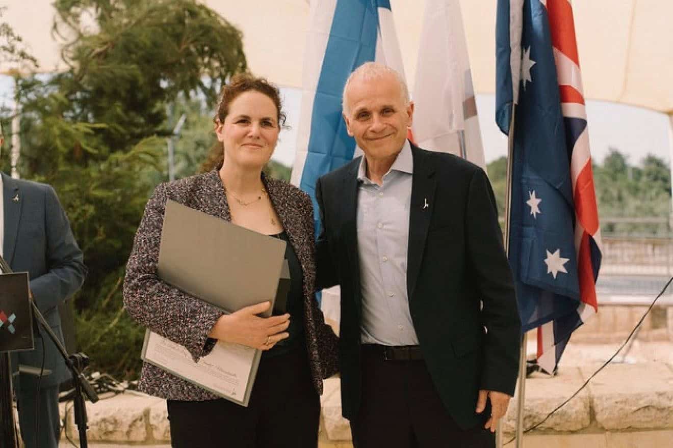Boston University professor Maya Steinitz is honored by Hebrew University of Jerusalem during the Board of Governors meeting. She is shown here with Hebrew University president and professor Asher Cohen. Photo by Maxim Dinshtein.