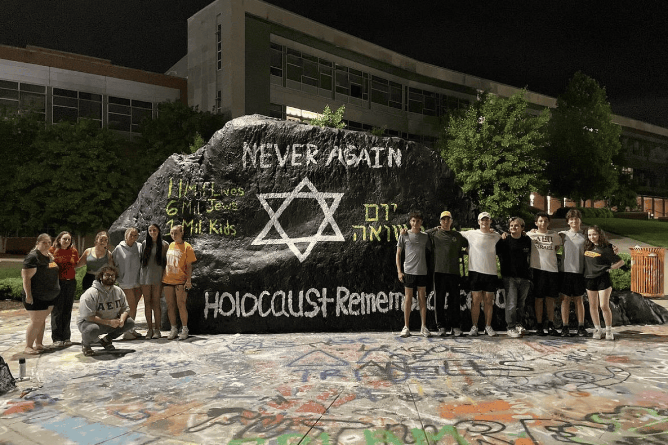 AEPi Brothers at the University of Tennessee in Knoxville, Tenn., painted the campus rock on Yom Hashoah. Credit: Courtesy.