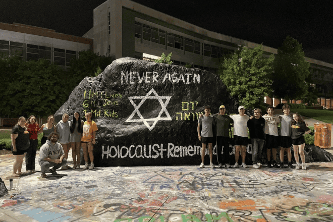 AEPi Brothers at the University of Tennessee in Knoxville, Tenn., painted the campus rock on Yom Hashoah. Credit: Courtesy.