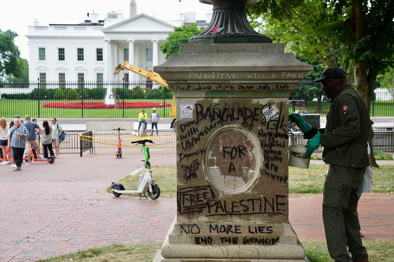 Anti-Israel graffiti on monuments and statues across from the White House on June 9, 2024. Credit: Andrew Leyden/Shutterstock.