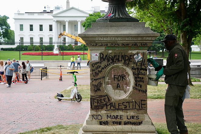 Anti-Israel graffiti on monuments and statues across from the White House on June 9, 2024. Credit: Andrew Leyden/Shutterstock.