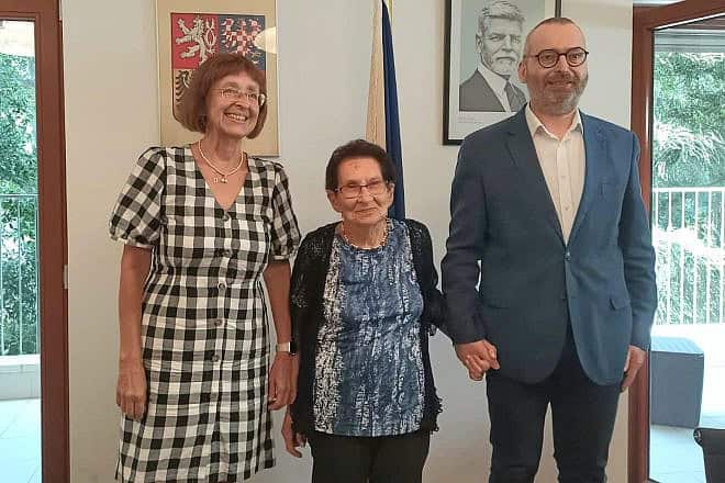 From left: Czech Ambassador to Israel Veronika Kuchyňová Šmigolová, Holocaust survivor Ester Ringel and Jan Roubinek, director of the Terezin Memorial attend an event at the Czech embassy in Tel Aviv, June 2024. Credit: Courtesy.