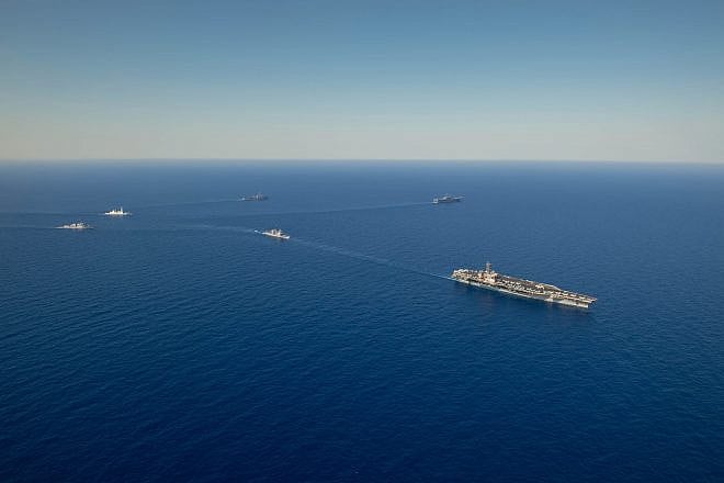The “USS Dwight D. Eisenhower” Carrier Strike Group steams in formation with the Wasp Amphibious Ready Group and the Royal Navy Daring-class air-defense destroyer “HMS Duncan” in the Mediterranean Sea, June 30, 2024. Credit: Mass Communication Specialist 2nd Class Merissa Daley/U.S. Navy Photo.