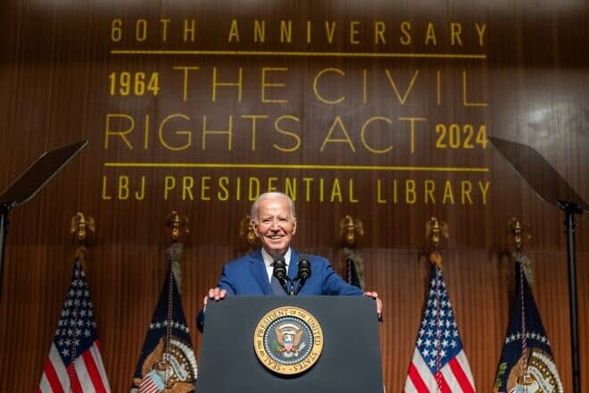 U.S. President Joe Biden delivers remarks at an event celebrating the 60th Anniversary of the Civil Rights Act, July 29, 2024, at the Lyndon B. Johnson Presidential Library and Museum in Austin, Texas. Credit: Adam Schultz/White House.