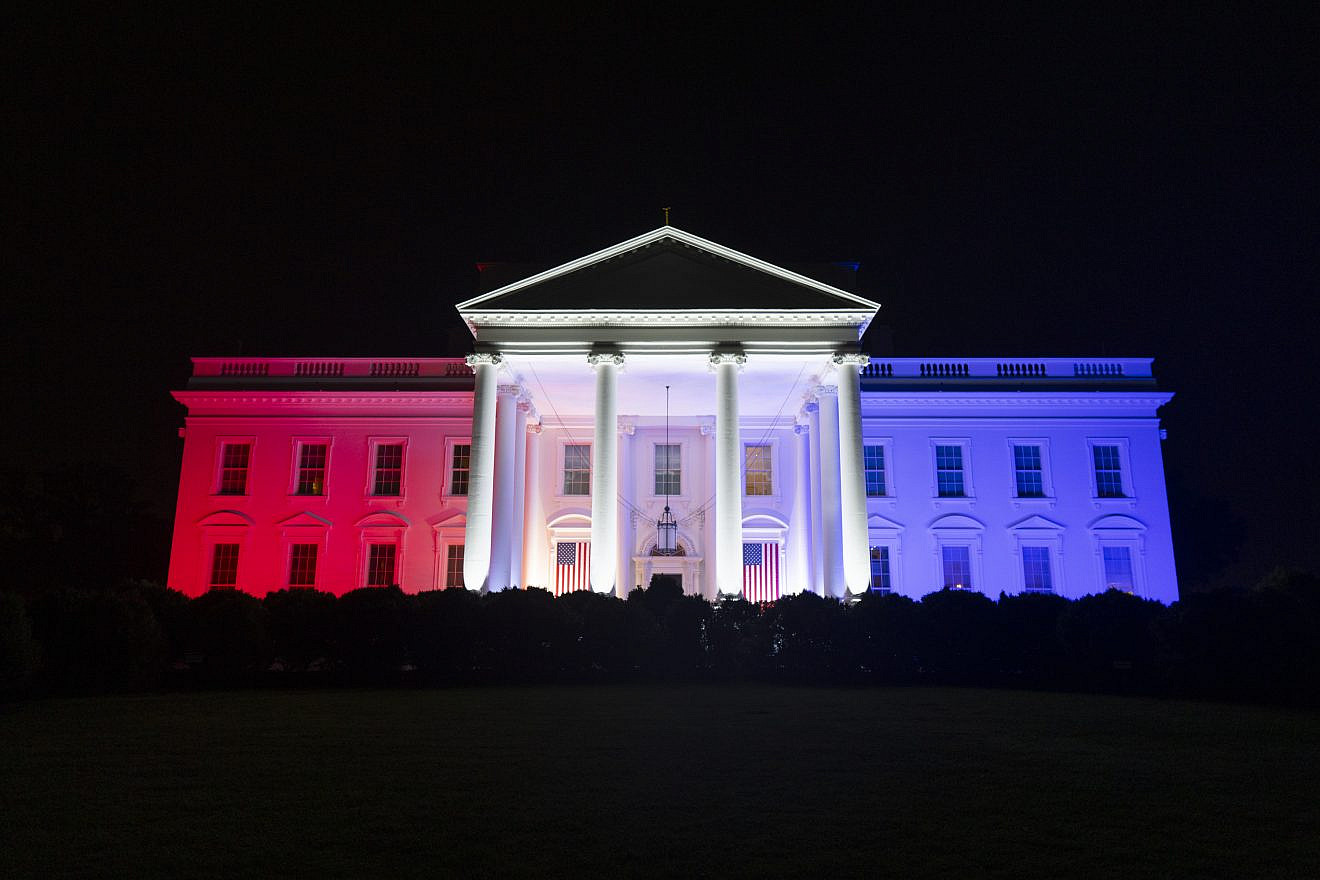 Red, white and blue lanterns and lights are seen on the north portico of the White House during the Fourth of July celebration, July 4, 2024. Credit: Oliver Contreras/White House. Red, white and blue lanterns and lights are seen on the north portico of the White House during the Fourth of July celebration, July 4, 2024. Credit: Oliver Contreras/White House.