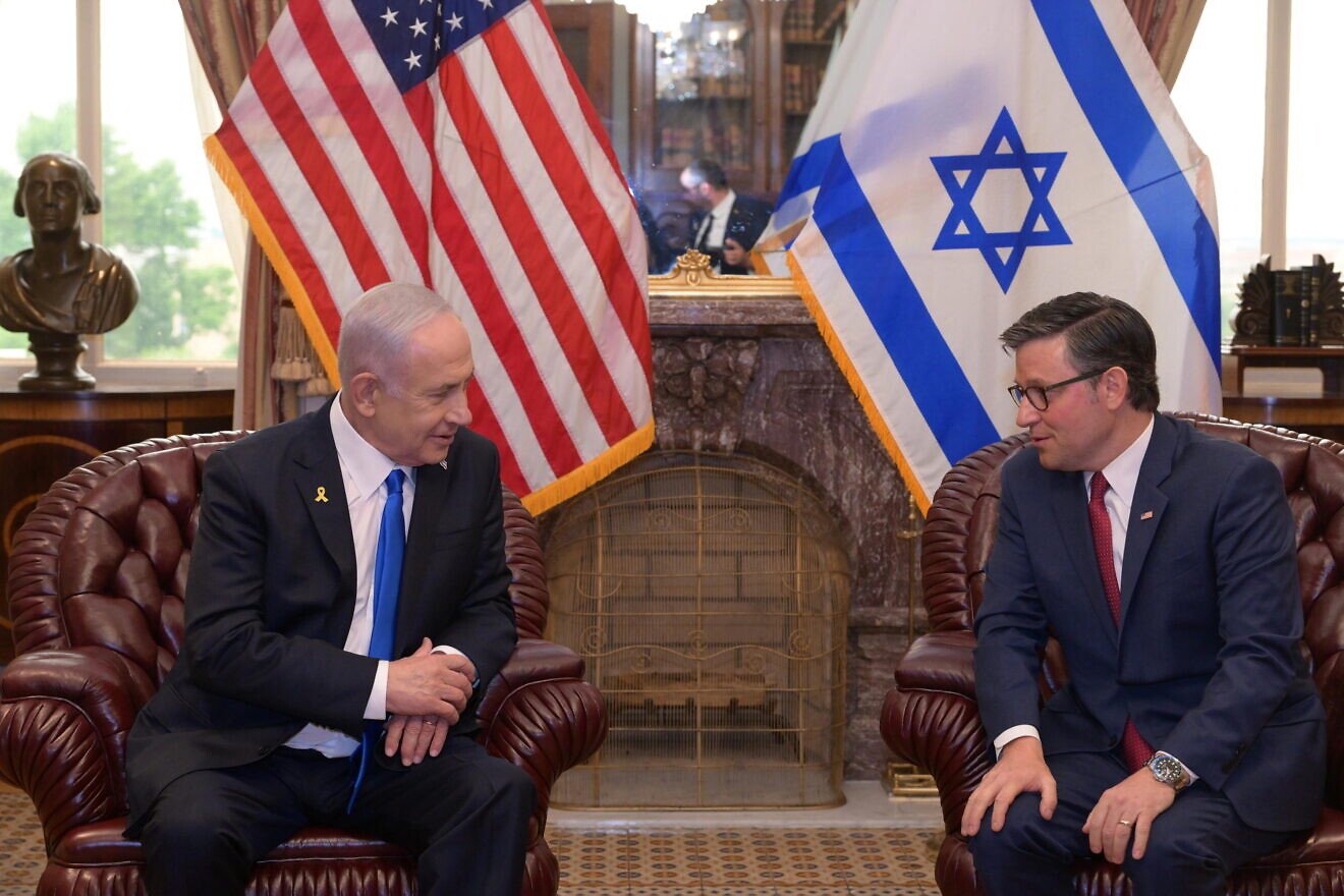 Israeli Prime Minister Benjamin Netanyahu and House Majority Leader Mike Johnson (R-La.) before the former's address to the U.S. Congress on July 24, 2024. Photo by Amos Ben Gershom/GPO.