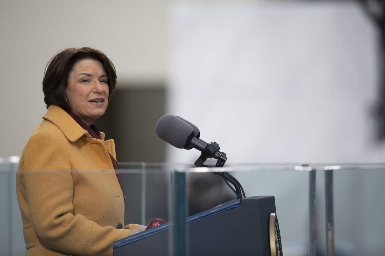 Sen. Amy Klobuchar (D-Minn.) speaks during the inauguration ceremony of U.S. President Joe Biden in Washington on Jan. 20, 2021. Credit: U.S. Department of Defense Photo by Navy Petty Officer 1st Class Carlos M. Vazquez II via Wikimedia Commons.