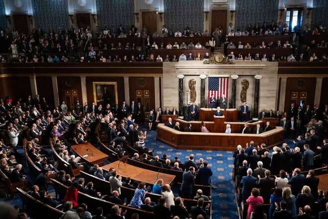 Israeli Prime Minister Benjamin Netanyahu delivers an address to a joint session of Congress in Washington, D.C, July 24, 2024. Photo by Allison Bailey/Middle East Images/AFP via Getty Images.