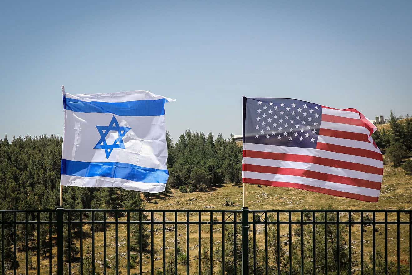 An Israeli and American flag displayed during a visit by Gov. Ron DeSantis to Gush Etzion, May 29, 2019. Photo by Gershon Elinson/Flash90.