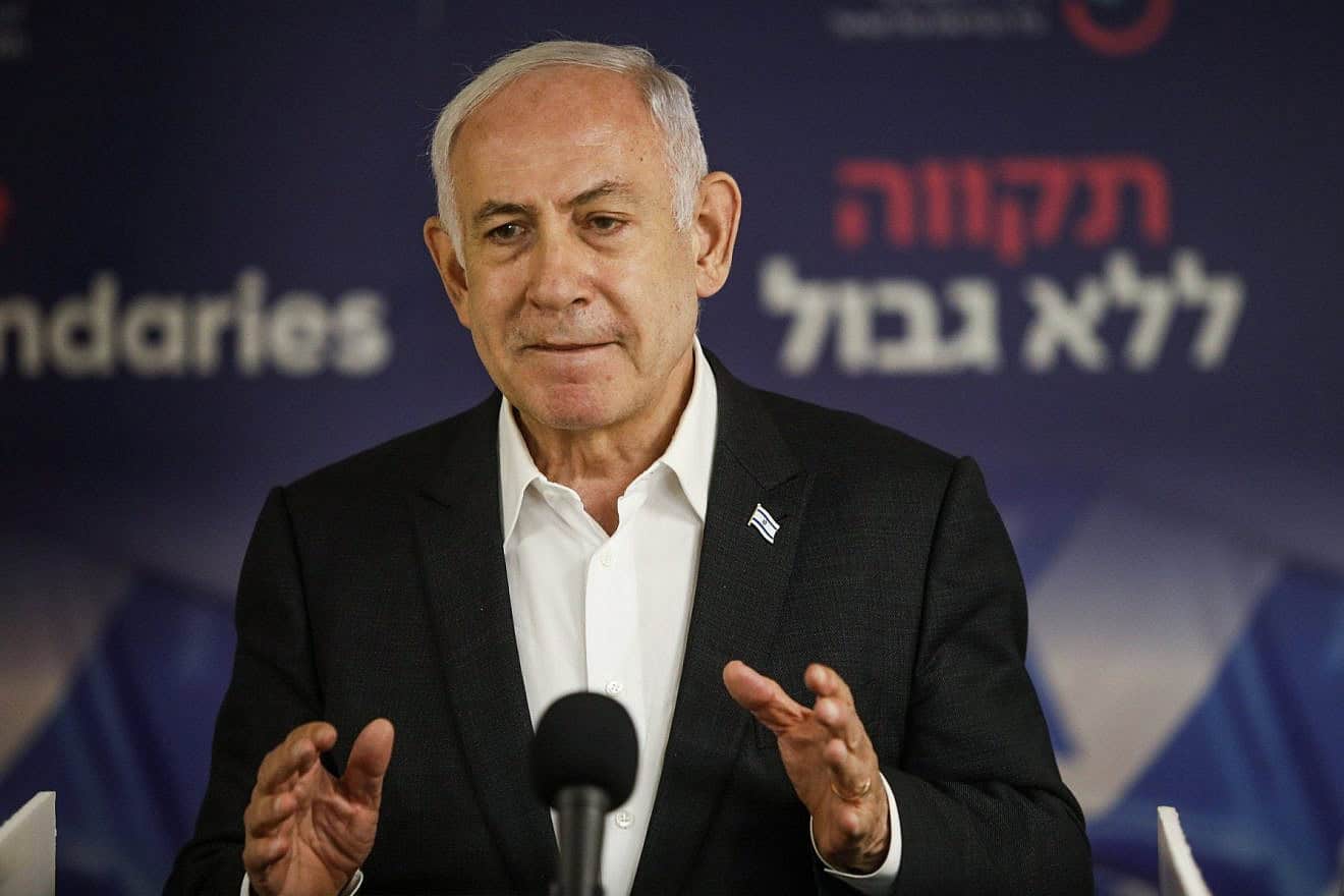 Israeli Prime Minister Benjamin Netanyahu speaks during a press conference at Sheba Medical Center in Ramat Gan, June 8, 2024. Photo by Tomer Appelbaum/POOL.