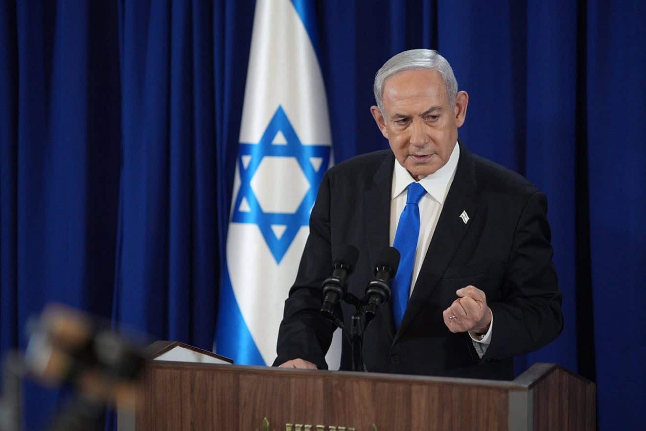 Israeli Prime Minister Benjamin Netanyahu holds a press conference at the Ministry of Defense in Tel Aviv. July 13, 2024. Photo by Dudu Bachar/POOL.