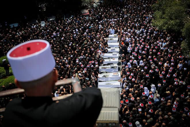 Family and friends attend the funeral service of Druze children who were killed at a soccer field from a missile fired from Lebanon, in the Druze village of Majdal Shams, in the Golan Heights, July 28, 2024. Photo by Jamal Awad/Flash90.