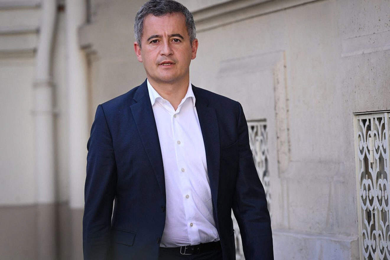 French Interior Minister Gerald Darmanin arrives for a meeting in Paris on strengthening security at Jewish community sites, Oct. 9, 2023. Photo by Bertrand Guay/POOL/AFP via Getty Images.