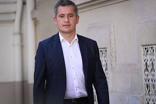 French Interior Minister Gerald Darmanin arrives for a meeting in Paris on strengthening security at Jewish community sites, Oct. 9, 2023. Photo by Bertrand Guay/POOL/AFP via Getty Images.