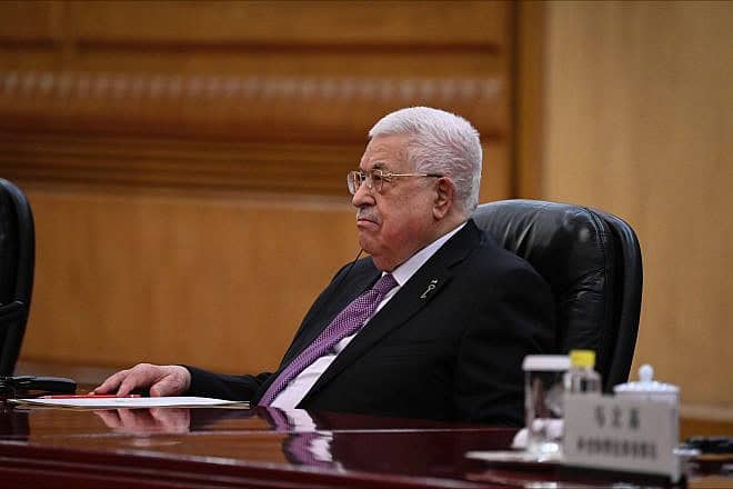 Palestinian Authority leader Mahmoud Abbas attends a meeting with China's President Xi Jinping (not pictured) at the Great Hall of the People in Beijing, China, on June 14, 2023. Photo by Pool/Getty Images.