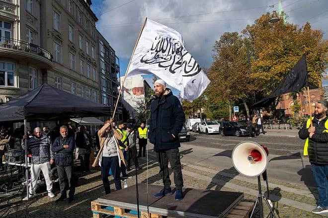 The fundamentalist Islamic movement Hizb ut Tahrir holds an anti-Israel demonstration in Copenhagen, Denmark on Oct. 14, 2023. Credit: Thomas Sjoerup / Ritzau Scanpix / AFP / via Getty Images.