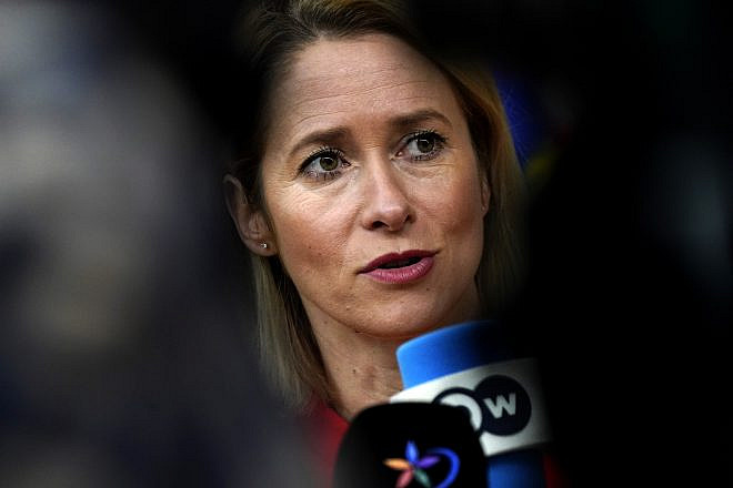 Estonian Prime Minister Kaja Kallas talks with media at the E.U. Leaders Summit in Brussels, Belgium, on Oct. 27, 2023. Photo by Pier Marco Tacca/Getty Images.