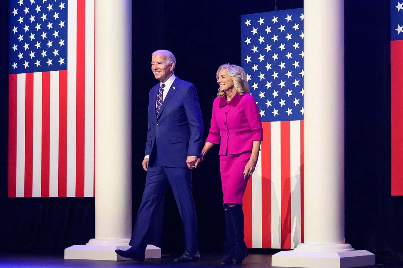 U.S. President Joe Biden arrives with First Lady Jill Biden at an event kickstarting his 2024 reelection campaign at Montgomery County Community College in Blue Bell, Pennsylvania, on Jan. 5, 2024. Credit: Mandel Ngan / AFP via Getty Images.