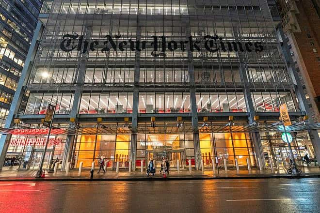 The front of “The New York Times” building on Eighth Avenue in Midtown Manhattan during a rainy night on Jan. 24, 2024. Credit: Craig T. Fruchtman/Getty Images.