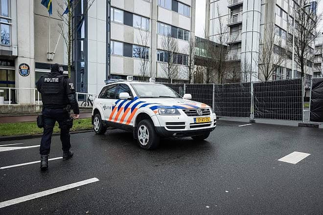 Black screens are errected around the building of the Israeli Embassy on Johan de Wittlaan due to a threat, in The Hague, on Feb. 9, 2024. Photo by Laurens van Putten/ANP/AFP via Getty Images.